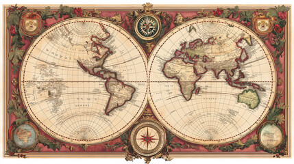 An old-style world map with faded colors, decorative cartography details, and vintage texture. 