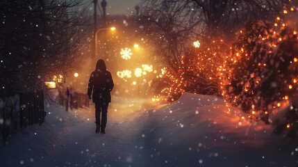 Obraz premium Winter Wonderland: A Magical Snowy Stroll Through the Glowing Landscape
