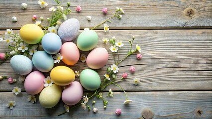 Obraz premium A festive arrangement of pastel-colored eggs surrounded by delicate blossoms on a weathered wooden surface.