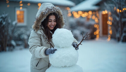 Excited woman dressed in a white parka jacket building a snowman in a backyard filled with snow with twinkling fairy lights in the background