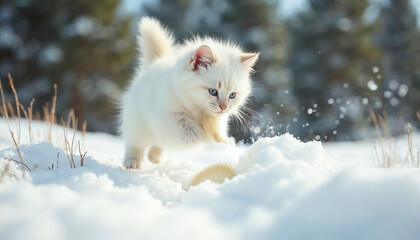 Kitten cat with a playful expression jumps high attempting to catch a small rodent hidden under the powdery snow in the bright sunlight of Yellowstone National Park Wyoming
