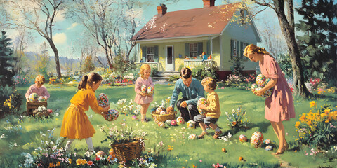 Easter Egg Hunt Family Tradition: A nostalgic and heartwarming vintage illustration of a family enjoying an Easter egg hunt in their idyllic backyard.