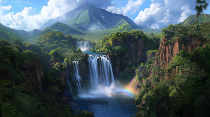Fototapeta premium A powerful waterfall with mist creating a rainbow, surrounded by lush green cliffs.