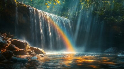 Waterfall Cascading Through a Lush Forest with a Rainbow Arcing Over the Pool Below