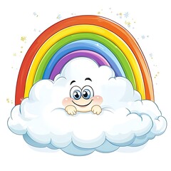 A cartoon cloud playing hide-and-seek behind a big, colorful rainbow, with little smiles peeking out on a white background.