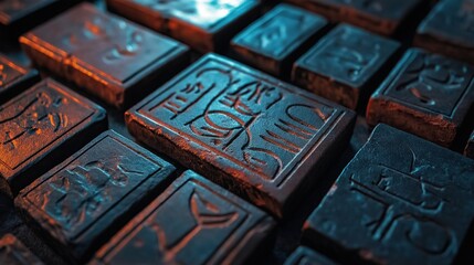 A close-up of ancient Egyptian hieroglyphics etched into stone for a touch of history and mystery