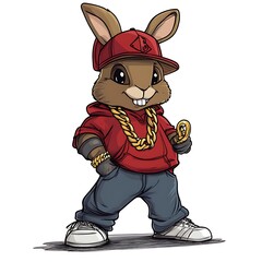 Cartoon rabbit in hip-hop gear, holding a gold chain on a white background.