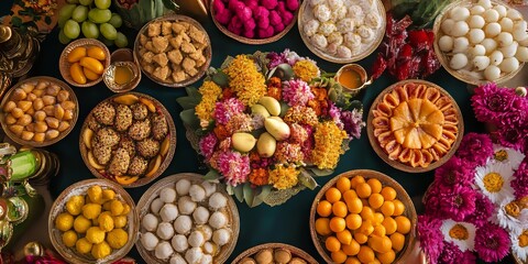 A vibrant display of traditional Indian sweets and fruits beautifully arranged on a festive table, perfect for celebrations and cultural events.