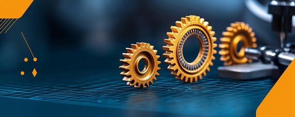 Set of golden gears on a blue background, symbolizing machinery, engineering, and innovation in technology and manufacturing.
