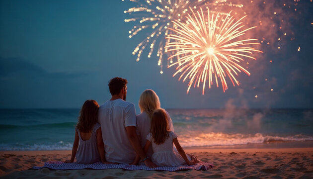 A joyful gathering of families on a tropical beach children admiring colorful fireworks lighting up the night sky soft sand underfoot beach towel