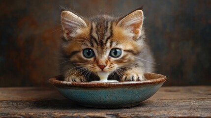 A playful kitten drinking milk from a ceramic bowl.