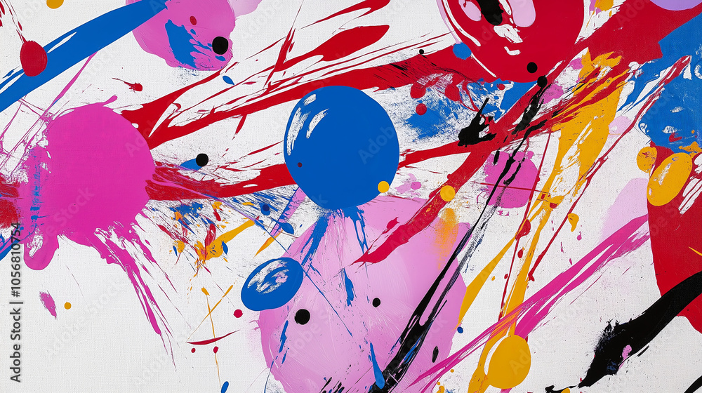 Poster A colorful paint splatter background with energetic strokes and textures on a canvas surface.
