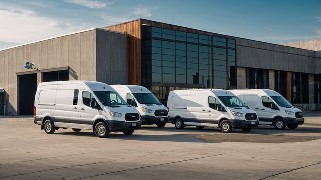 A row of several white vans is parked in front of a large building