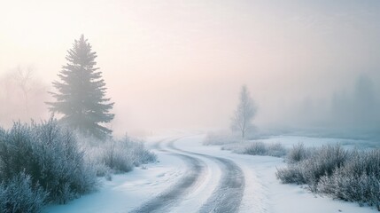Naklejka premium Enchanting Winter Wonderland: Serene Snowy Path Through the Frosted Landscape