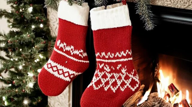 Festive red knit stockings hanging by a cozy fireplace with Christmas decor, 4k video