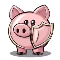 Cartoon piggy bank with a shield representing financial security on a white background.