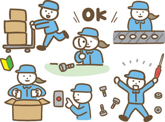 工場で働く作業服の男女のいろんな仕事のセット(ベクター)