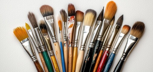 Fototapeta premium Assorted colorful pencils and paintbrushes on white, creative layout, art and creativity supplies theme