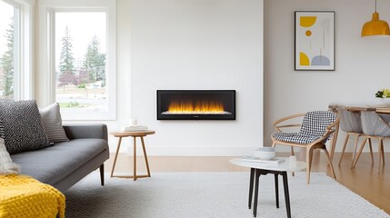 A stylish and chic urban apartment featuring an electric fireplace integrated into a sleek wall design, exuding a modern aesthetic. The fires warm glow enhances an open-concept living space filled