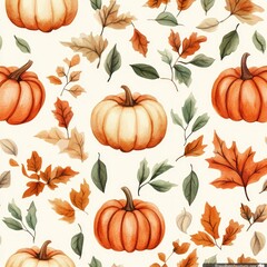 Autumn Pumpkins and Leaves Watercolor Pattern