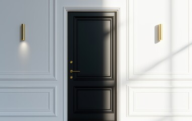 Classic interior with black door, gold sconces, white paneling, luxurious and timeless entry decor