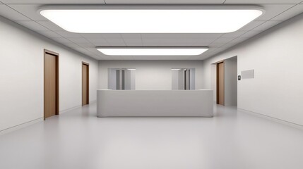 Modern interior of a clean and spacious reception area with white walls, bright lighting, and wooden doors, designed for a welcoming atmosphere.