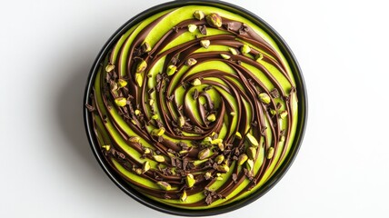 Dubai Chocolate Kunafa Pistachio on white background,Dubai Chocolate bar with green kadayif and pistachio spread,popular and viral chocolate 2024,space for text.