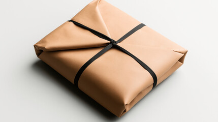 Brown paper-wrapped package tied with black string on a white background, showcasing simple and eco-friendly gift packaging.