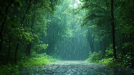 Obraz premium Serene forest scene with rain, showcasing lush greenery and tranquility.