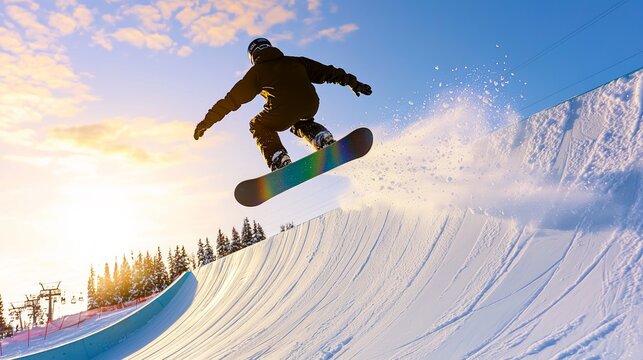 Extreme Snowboarding Action at Winter Sunset - Snowboarder Catching Air in Half-Pipe with Dramatic Angles and Snow Cascade
