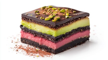 Dubai Chocolate Kunafa Pistachio on white background,Dubai Chocolate bar with green kadayif and pistachio spread,popular and viral chocolate 2024,space for text.