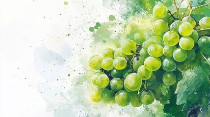 Watercolor of Shine muscat with leaves, painting,vector illustration drawing isolated,Hand drawn,Bright green muscat grapes on white background,copy space.