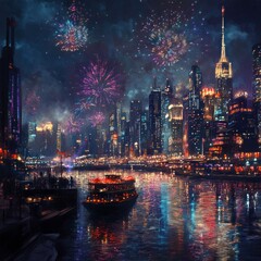 New Year Eve city lights and fireworks