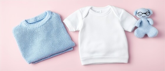 Cute baby clothes in soft colors on pink surface, playful mix of onesies, sweaters, and accessories, newborn wardrobe