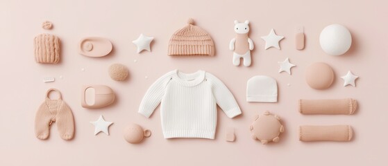 Cute baby clothes in soft colors on pink surface, playful mix of onesies, sweaters, and accessories, newborn wardrobe