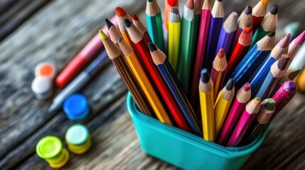 Colorful Pencils in a Blue Container