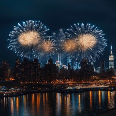 Fototapeta premium New Year Eve city lights and fireworks