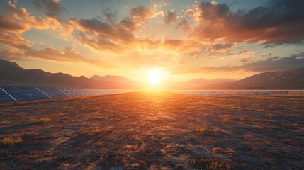 Obraz premium Solar Panels Field at Sunset in Mountainous Landscape