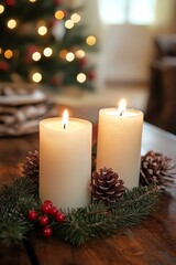 Two candles are lit on a table with pine cones and berries. Scene is warm and cozy, perfect for a holiday gathering