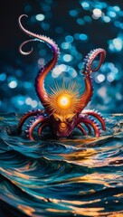 Obraz premium A fantastical octopus with iridescent, textured tentacles emerges from the water, holding a radiant sun-like orb with fiery tendrils
