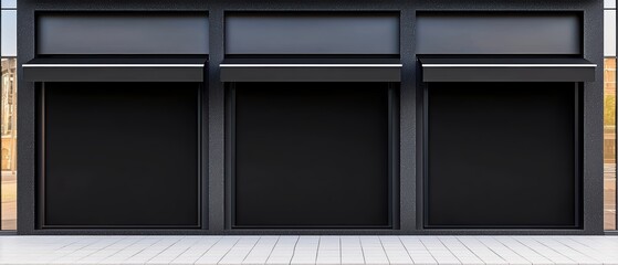 Empty black storefront signage on city building, minimalist and clean, perfect for branding mockup