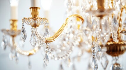 Close-up of a crystal chandelier with gold accents.