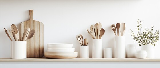 Stylish and Contemporary Wooden Kitchen Utensils on Counter Complementing White Accessories : Generative AI