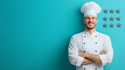 Restaurant and chef reviews and ratings concept. Feedback and review scores from customers. Chef and stars.