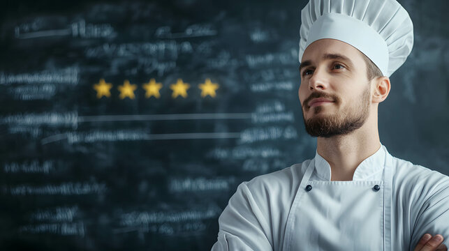 Restaurant and chef reviews and ratings concept. Feedback and review scores from customers. Chef and stars.