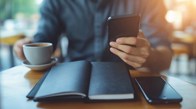 Closeup of a man's hand holding a smartphone with a cup of coffee and a notebook on the table.
