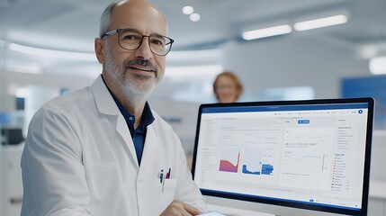 Healthcare professional analyzing data trends in a modern medical environment with advanced technology tools