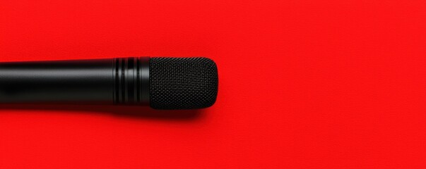 Microphone with loose cord on bright red background, simple yet bold music theme, modern and professional