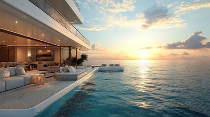 Fototapeta premium Luxurious oceanfront villa at sunset with infinity pool.