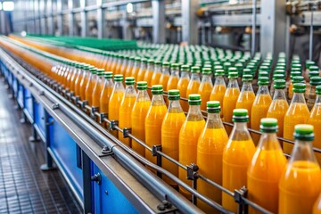 Fototapeta premium Bottles of orange juice on a conveyor belt
